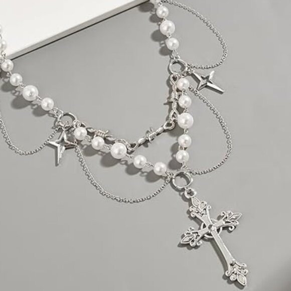 Gothic Punk Cosmic Cross Rosary Layered Choker Silver and White Necklace - Picture 3 of 14